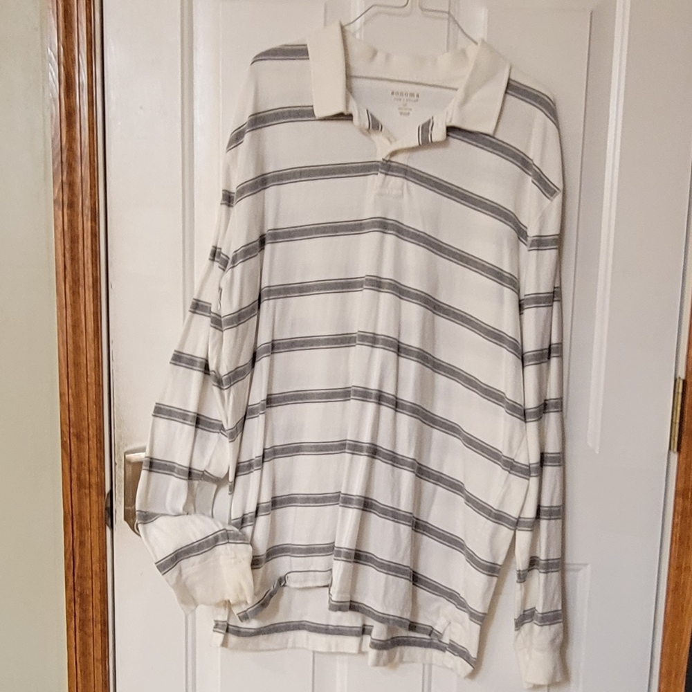 Sonoma Men's Long Sleeve Polo White Striped LT